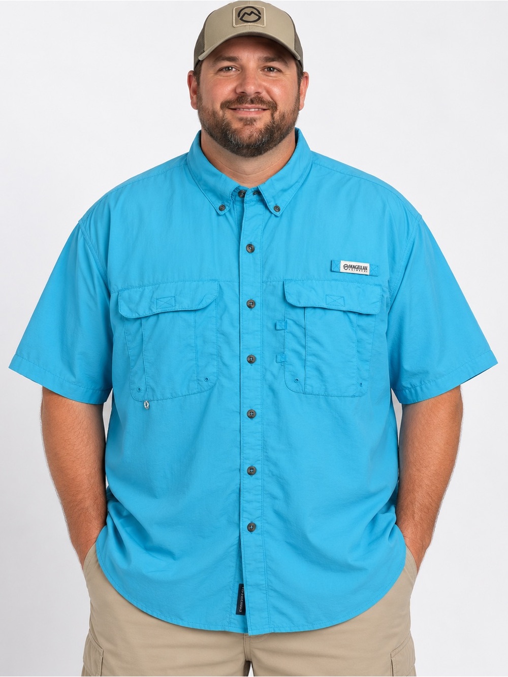 Magellan Outdoors Men’s 2XL Blue Fish Gear Short Sleeve Fishing Shirt Relaxed Fi